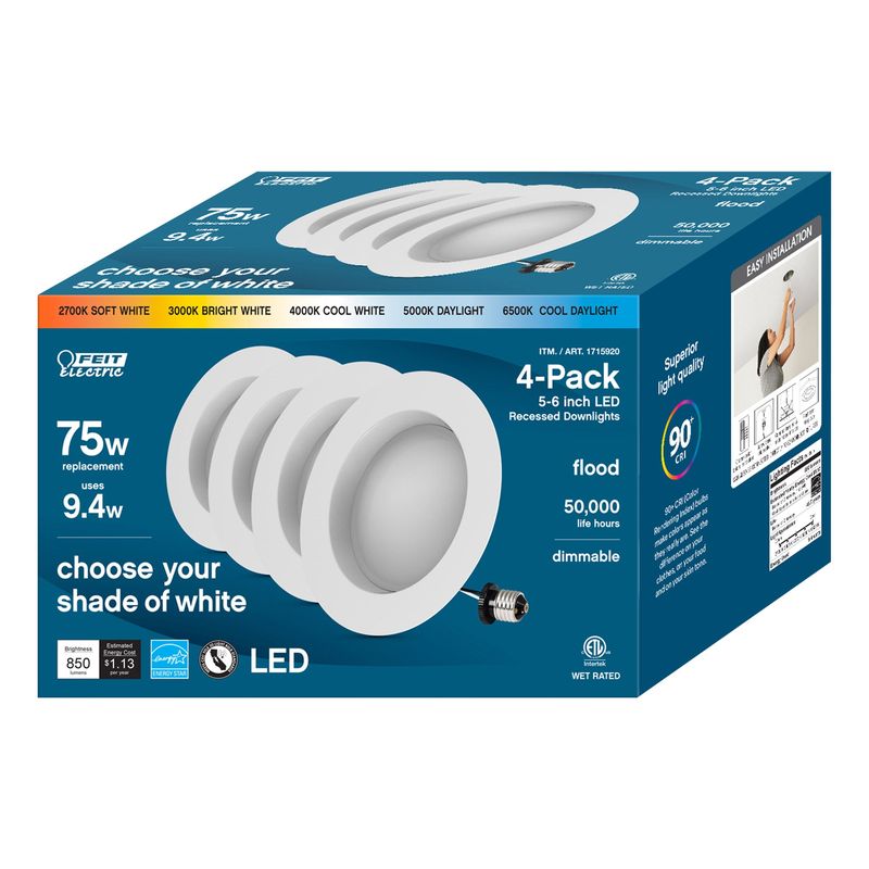 Feit Electric LED 75w Replacement ^ 5/6¨ Retrofit 5cct 4pk