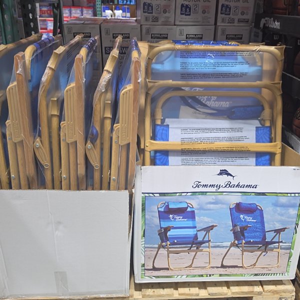 Hi-Boy Beach Chair Wood Grain Finish Blue Palm/Blue Stripe
