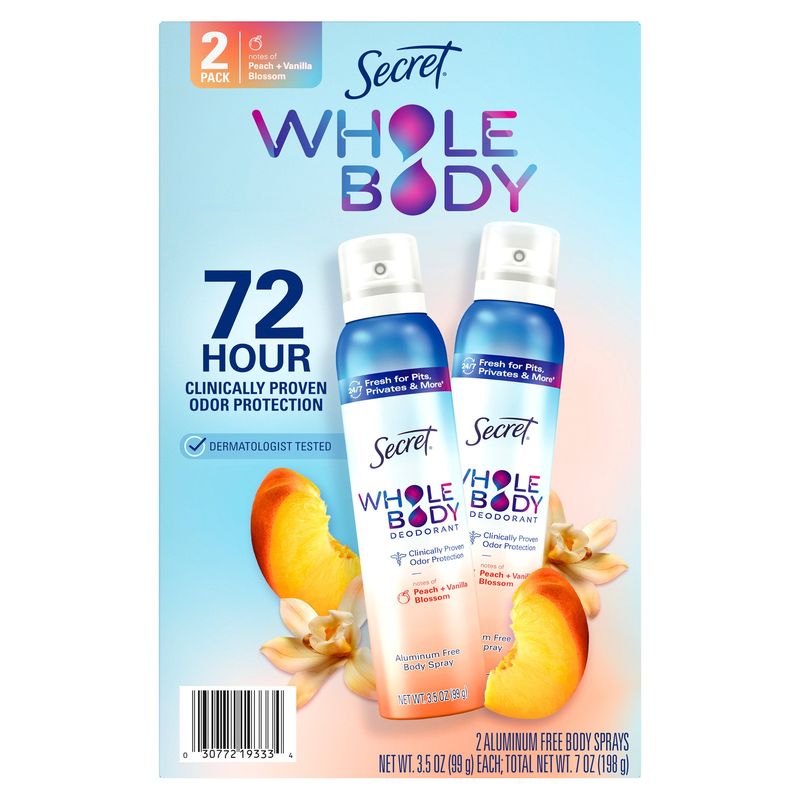 Secret Whole Body Deo Peach & Vanilla Scent (2) 3.5 oz Spray