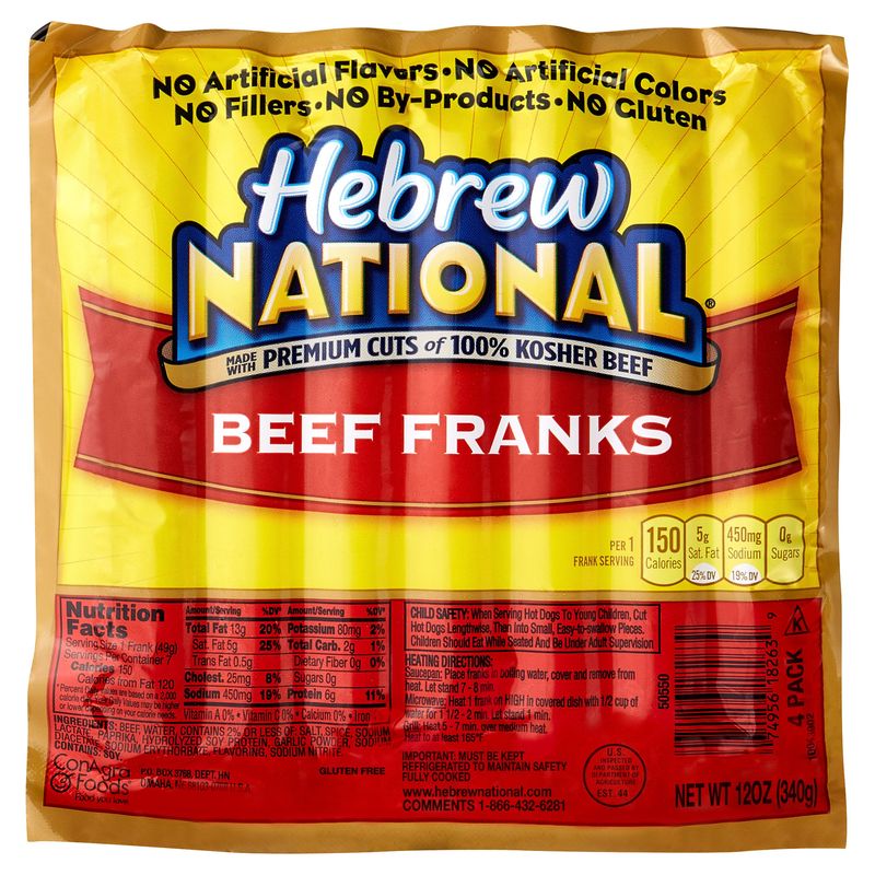 Hebrew National Beef Franks 4/12 Ounce Packages